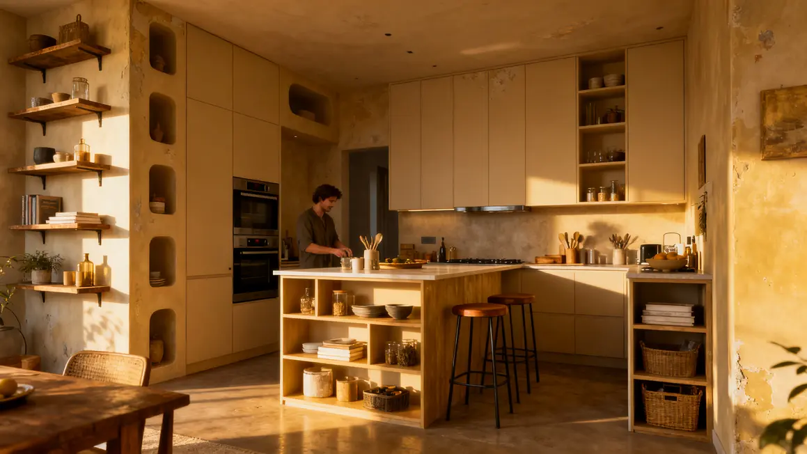Cuisine ouverte petit espace avec rangements en hauteur