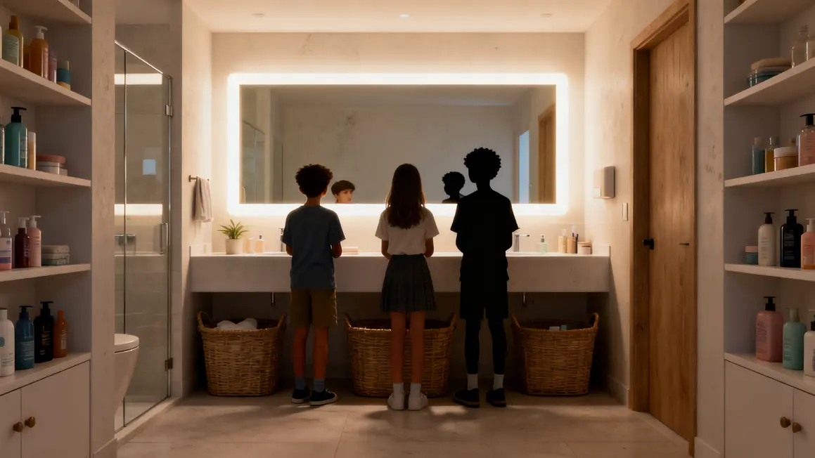 Salle de bains familiale avec miroir lumineux et rangements