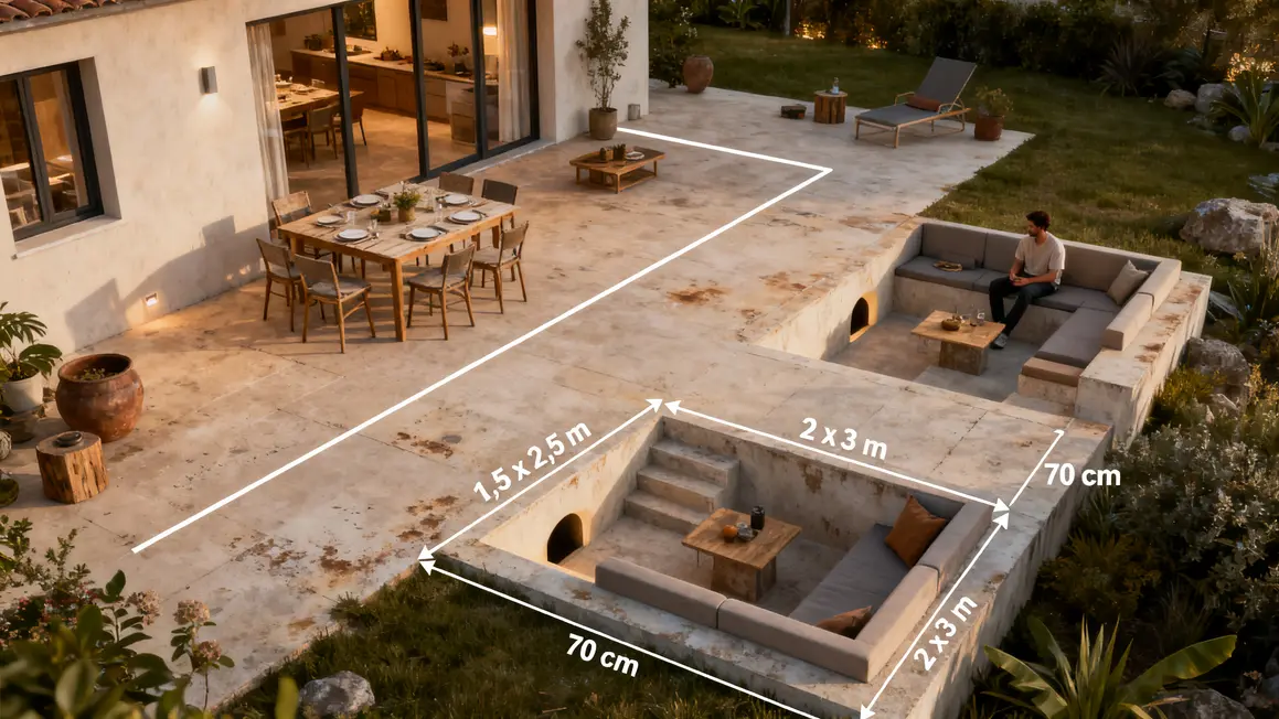 Vue plan amenager une terrasse circulation zones repas detente