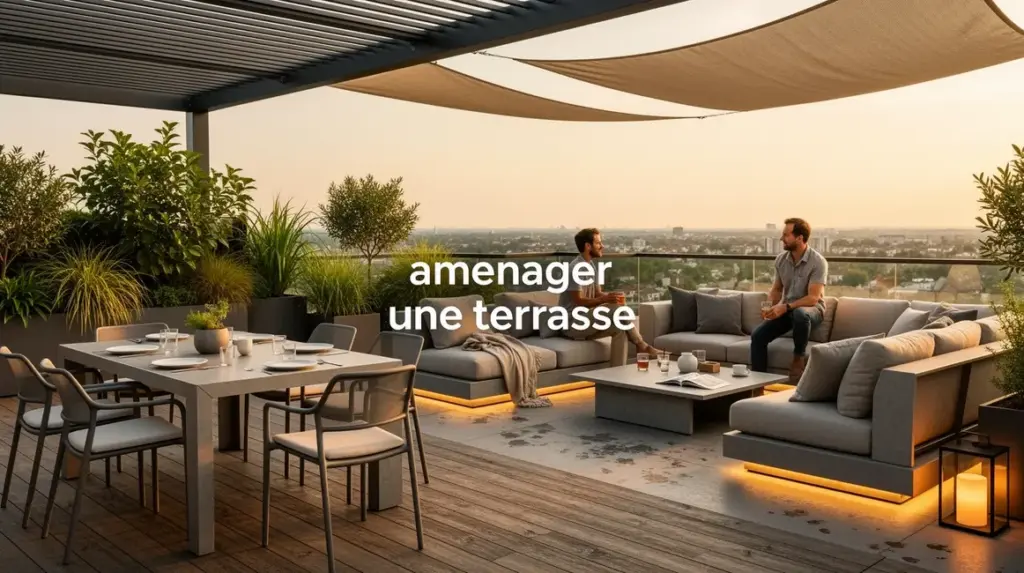 Vue d'une terrasse moderne amenager une terrasse repas detente vegetale