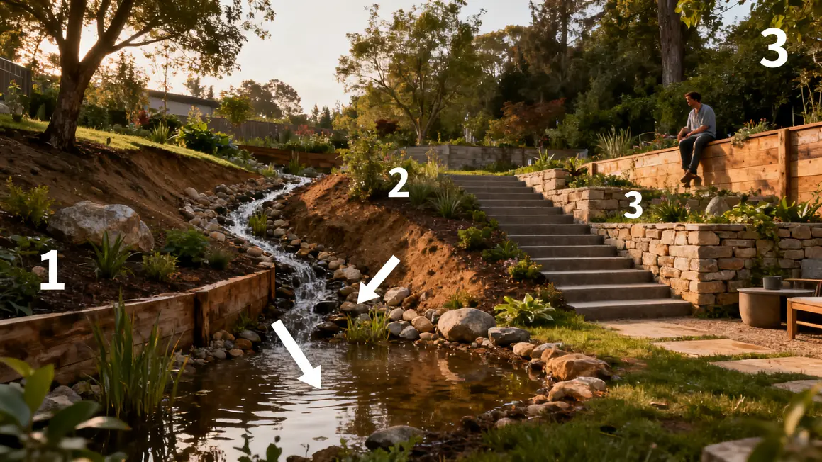 Analyse visuelle terrain jardin paysager pentes zones variées