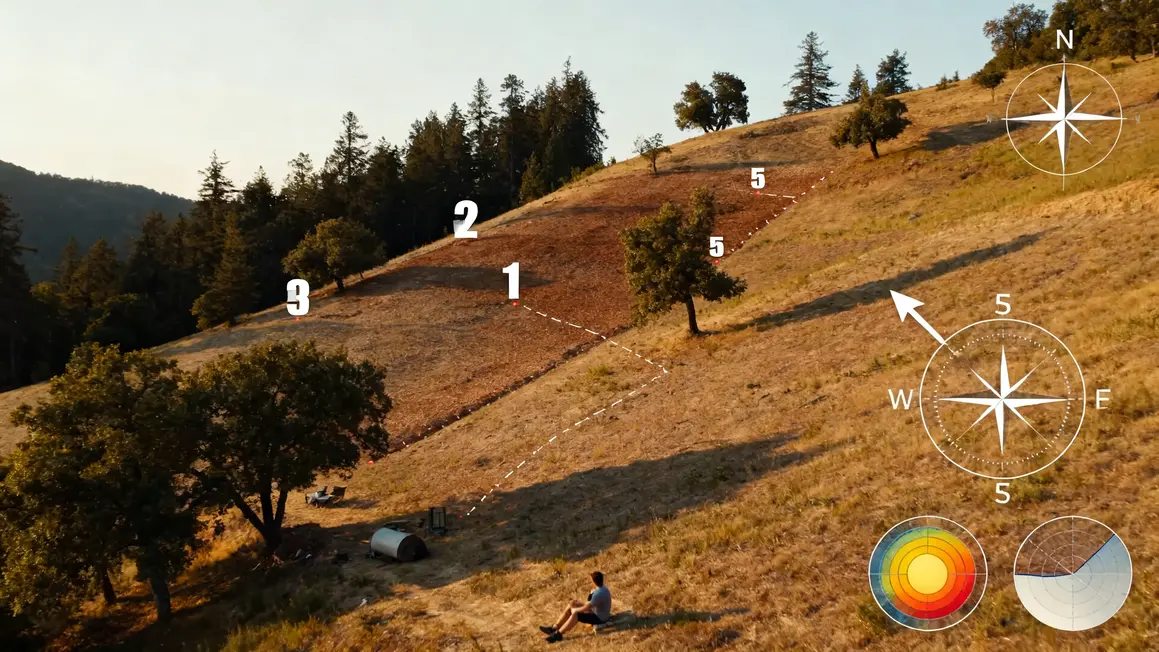 Terrain penté jardin paysager avec analyse exposition soleil et vent