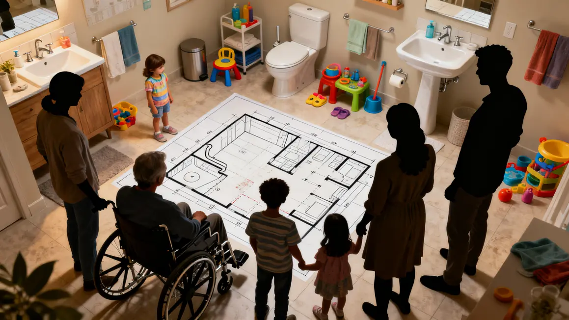 salle de bains familiale : checklist avant de se lancer 3 Famille tout âge autour plan salle de bains familiale, besoins adaptés