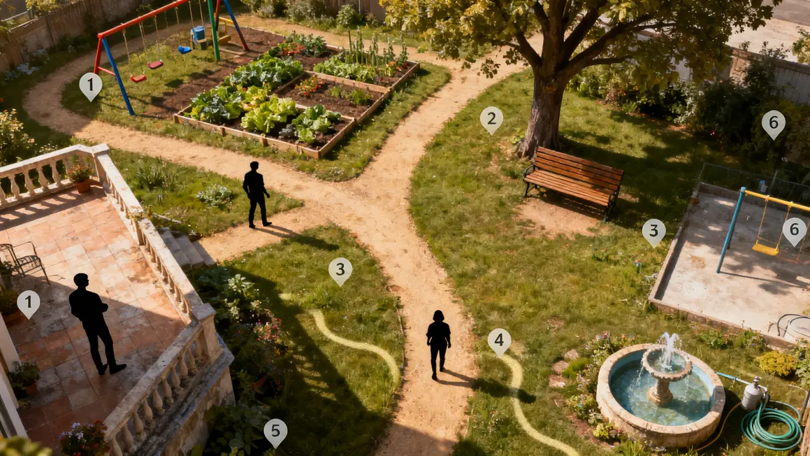 Plan circulation zones vie jardin paysager terrasse potager