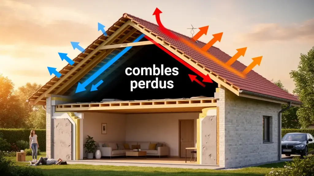 Vue 3D combles perdus, isolation et ventilation