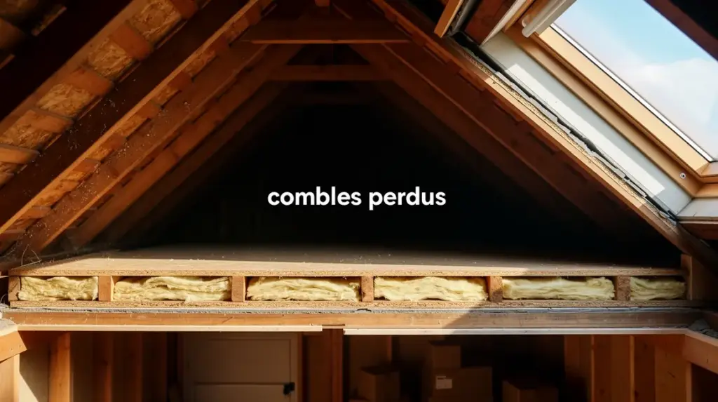 Vue coupe combles perdus sous toit et isolation