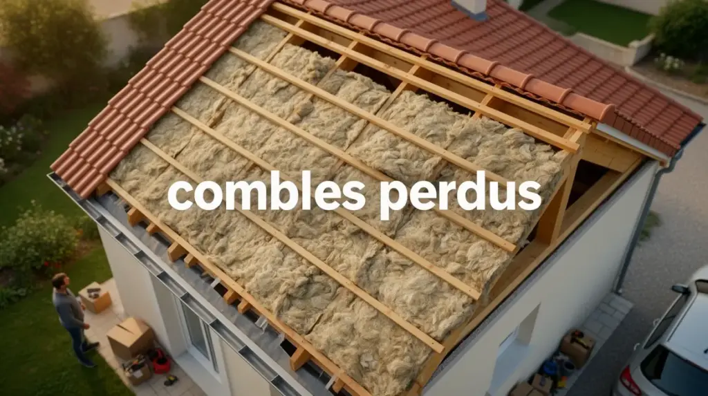 Combles perdus sous toiture avec isolant et poutres