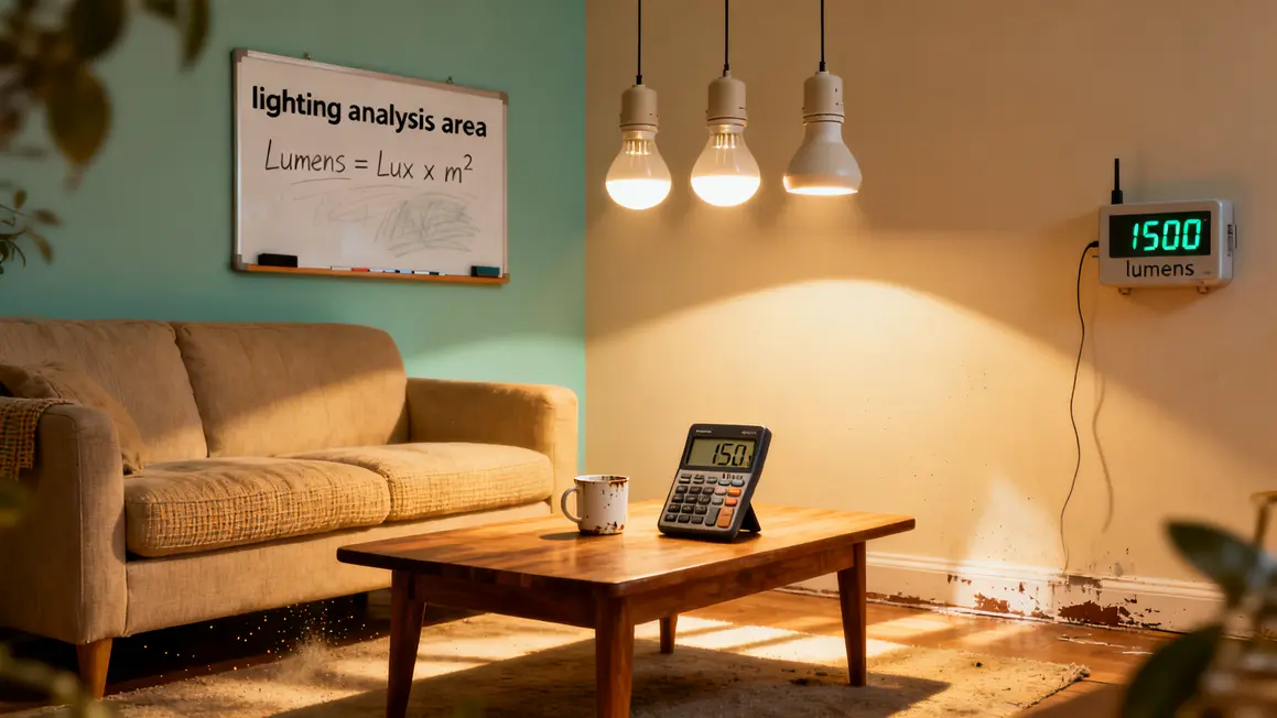 Schema salon montrant calcul lumens lux, zones et ampoules neutres