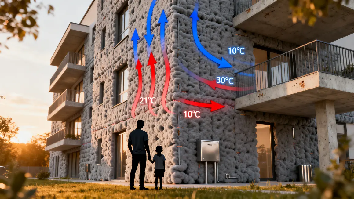 Immeuble isolé flux thermiques, famille devant