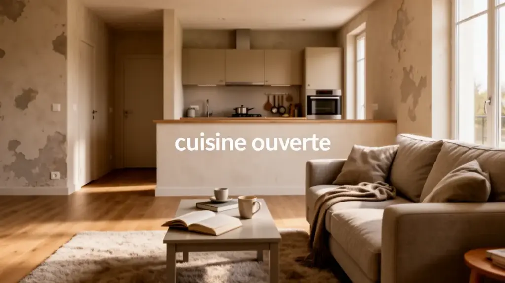 Cuisine ouverte avec demi-mur, séjour lumineux, optimisation petit espace
