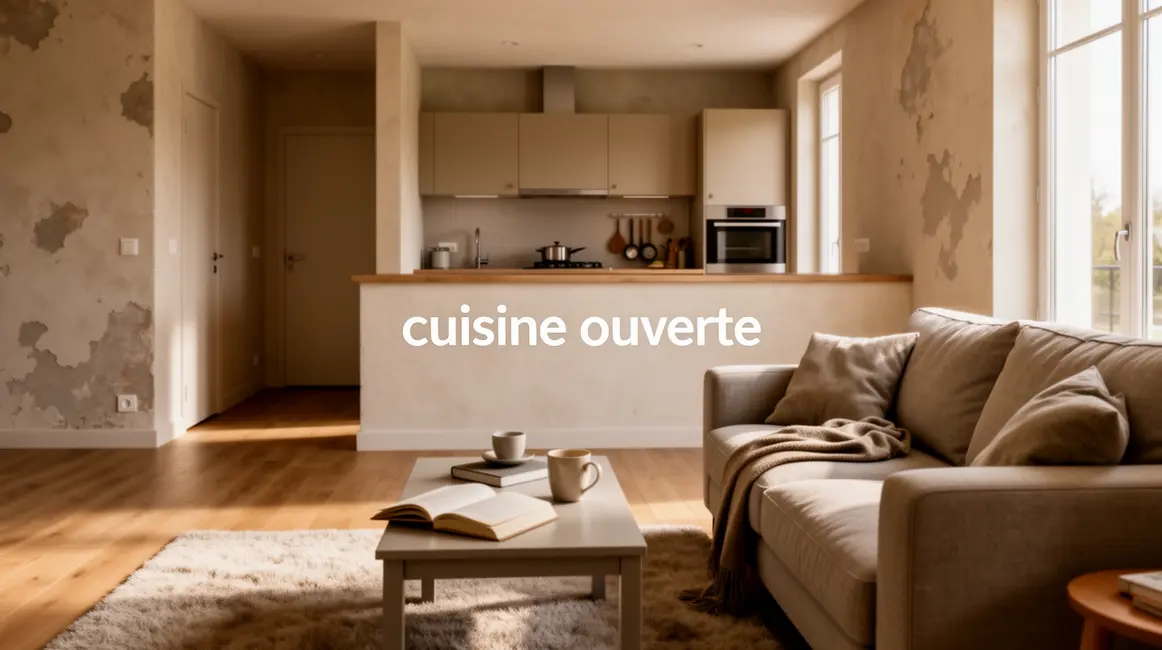 cuisine ouverte : guide pratique pour bien commencer en petit budget 2 Cuisine ouverte avec demi-mur, séjour lumineux, optimisation petit espace