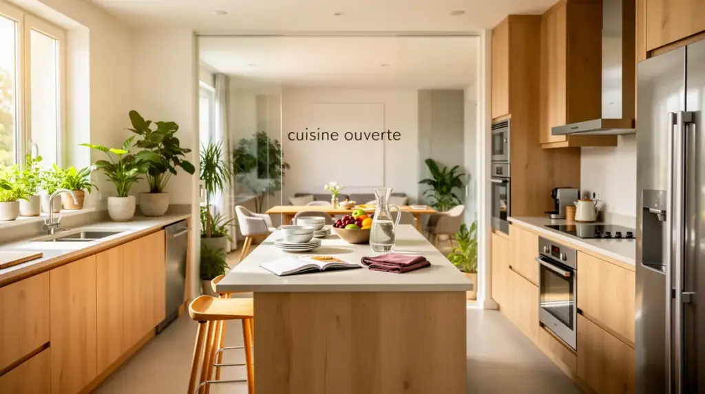 cuisine ouverte lumineuse, meubles bois clair et plantes