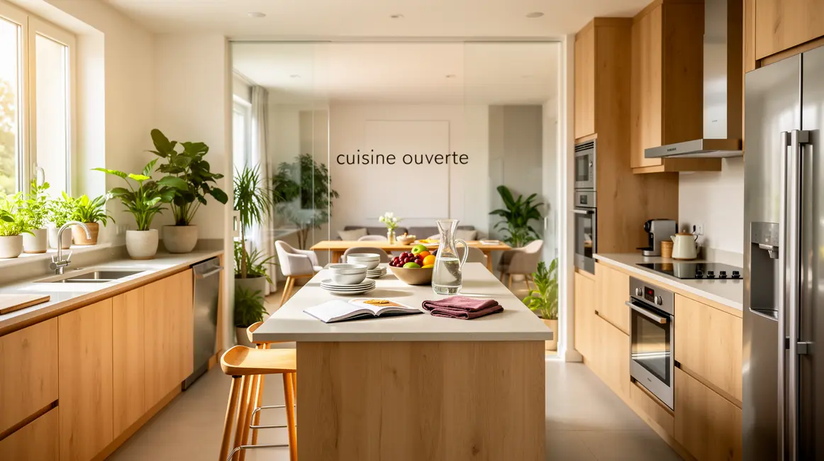 cuisine ouverte lumineuse, meubles bois clair et plantes