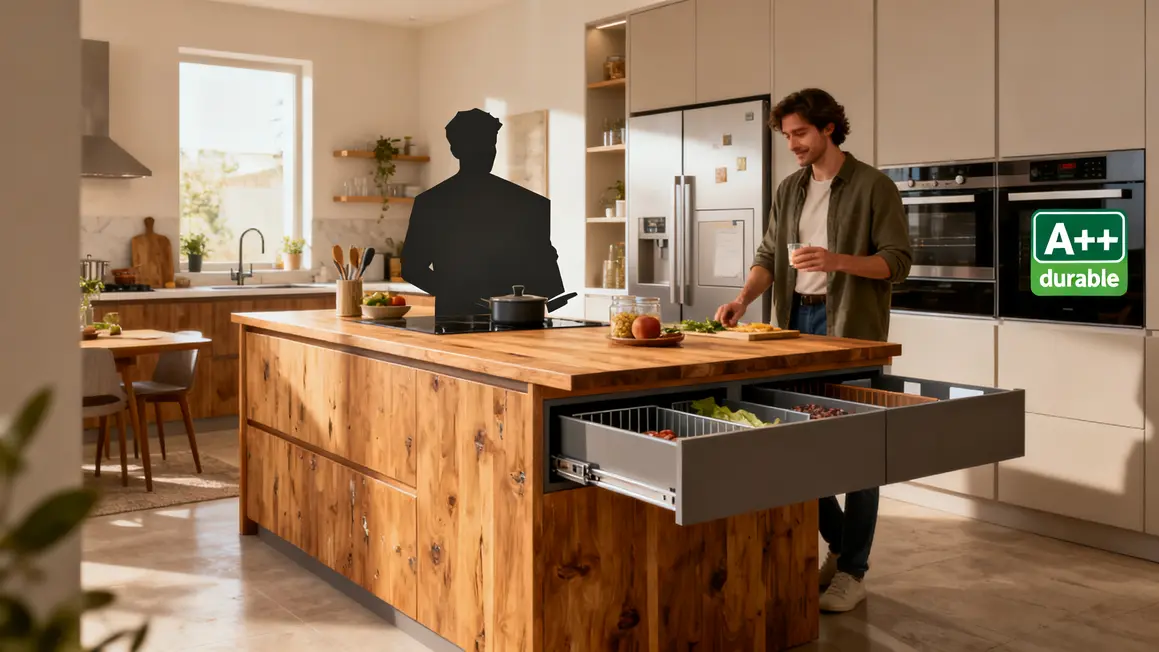 Plan granit ilot bois cuisine ouverte durable appareils A++
