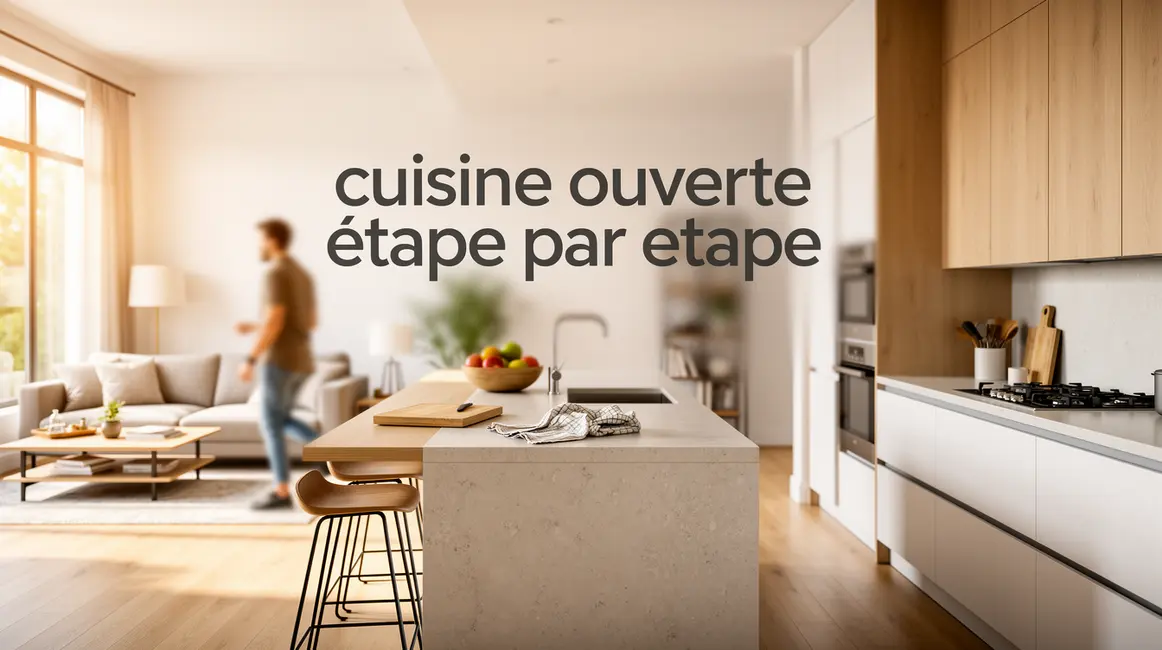 Vue réaliste cuisine ouverte conviviale plan étape