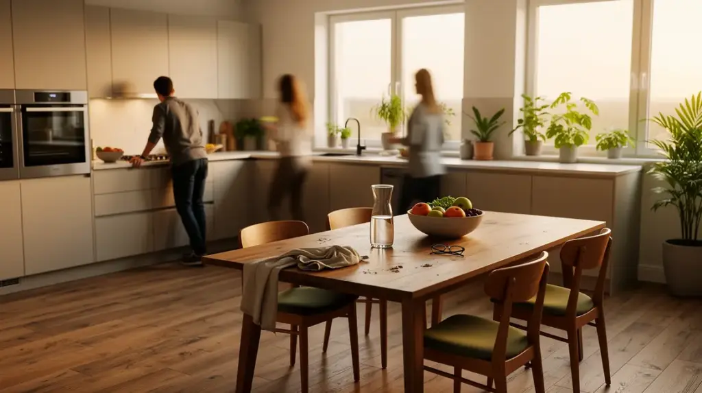 Cuisine ouverte moderne avec lumière plantes et table