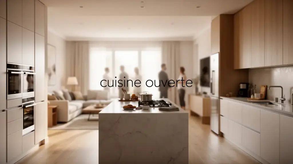 Vue photoréaliste d'une cuisine ouverte sur salon avec îlot central et rangements, espace lumineux
