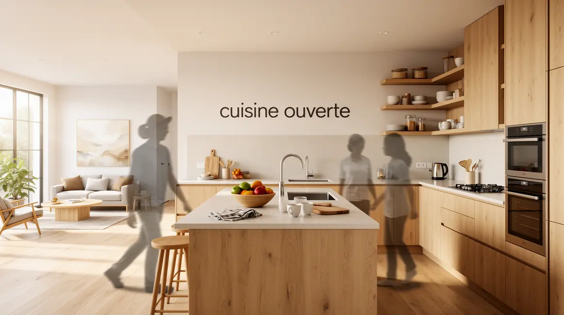 Vue panoramique cuisine ouverte îlot bois céramique appareils économes