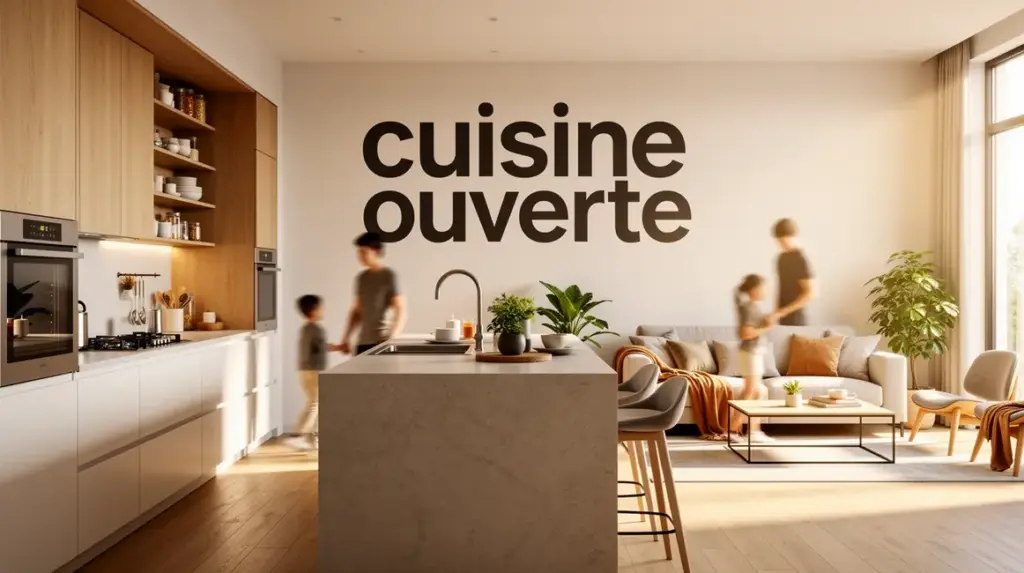 Vue cuisine ouverte moderne, salon lumineux, ambiance familiale