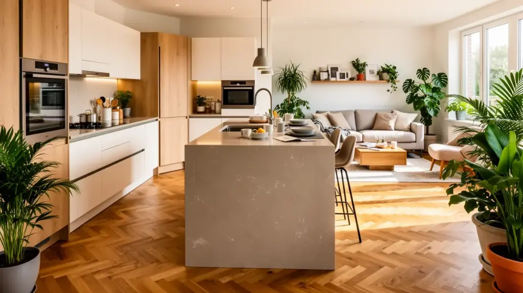 Vue cuisine ouverte moderne conviviale et design salon