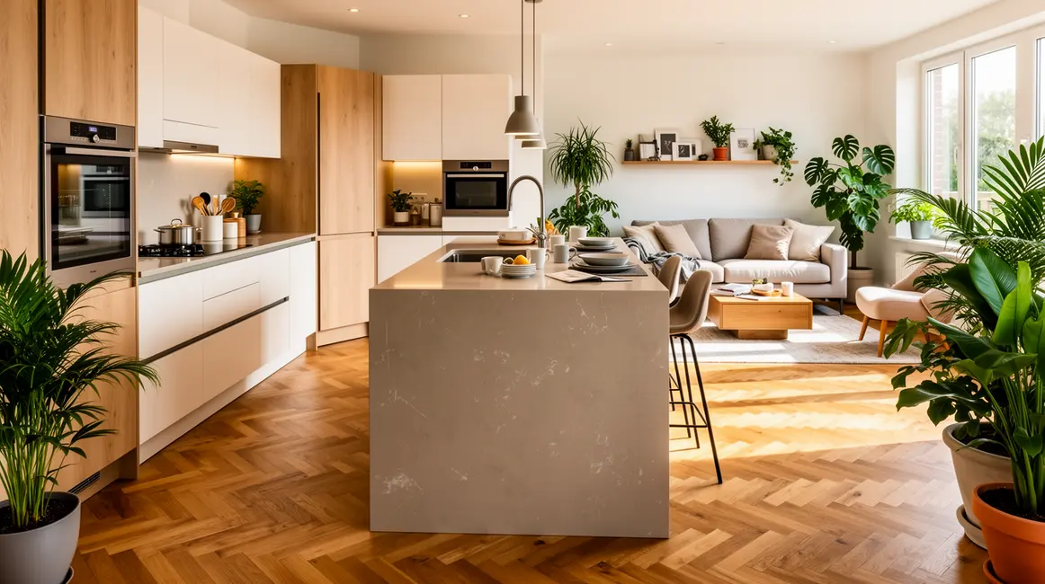 Vue cuisine ouverte moderne conviviale et design salon