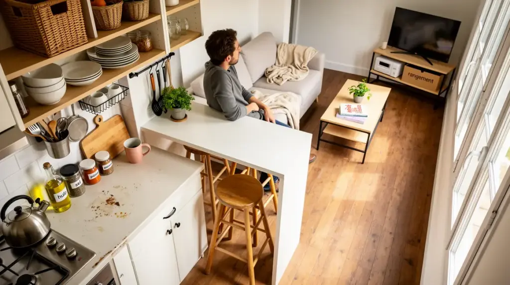Cuisine ouverte et salon lumineux avec rangements malins