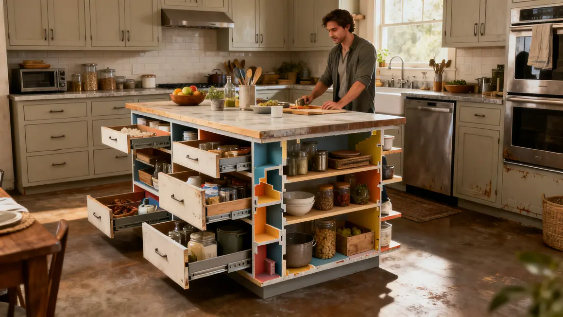 Cuisine ouverte placards tiroirs modulables ilot gain espace