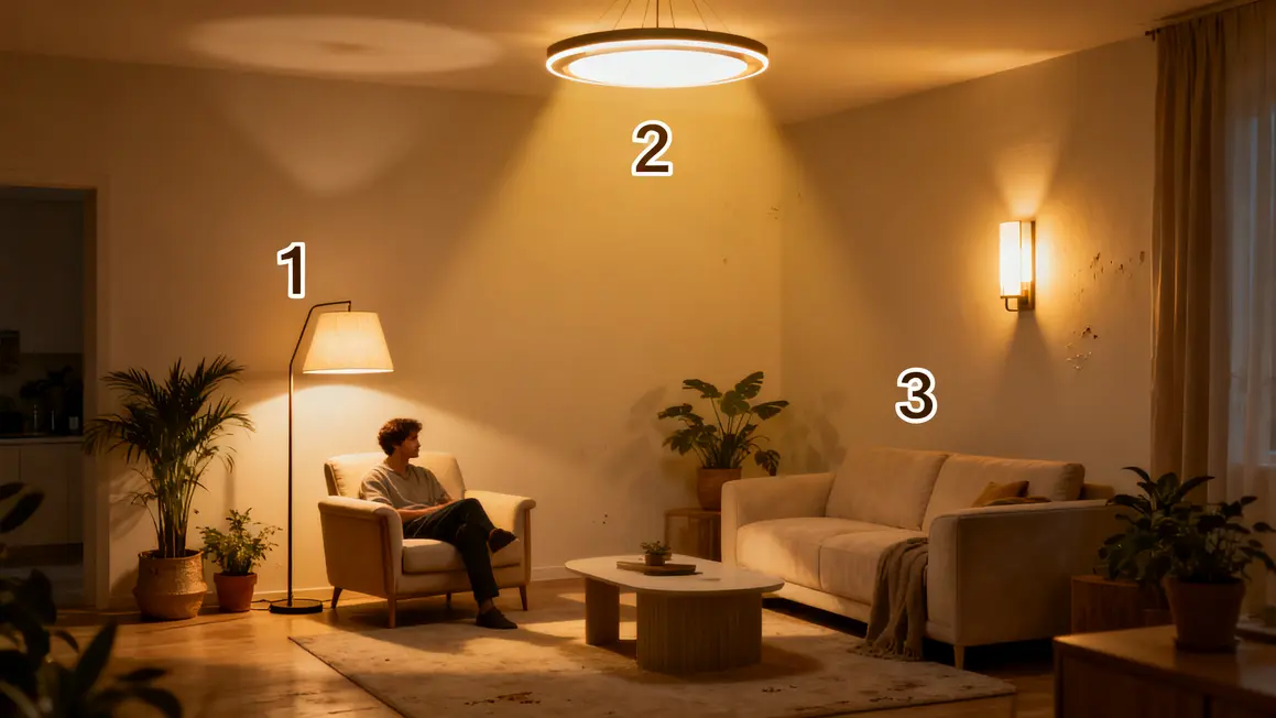 éclairage du salon : checklist avant de se lancer en petit budget 3 Trois sources de lumiere distinctes dans un salon moderne chiffres 1 2 3