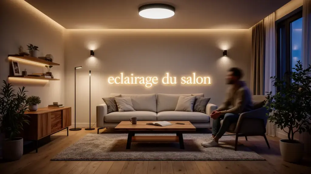 Salon contemporain soigneusement eclaire avec plafonnier, lampadaires et LED