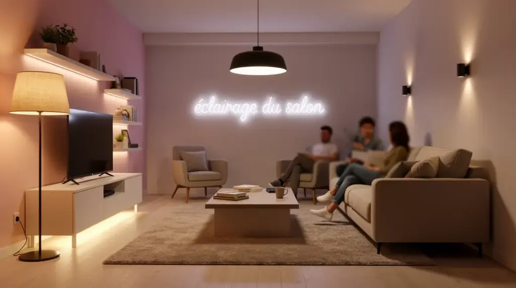 salon moderne avec suspension, lampadaire, led et appliques