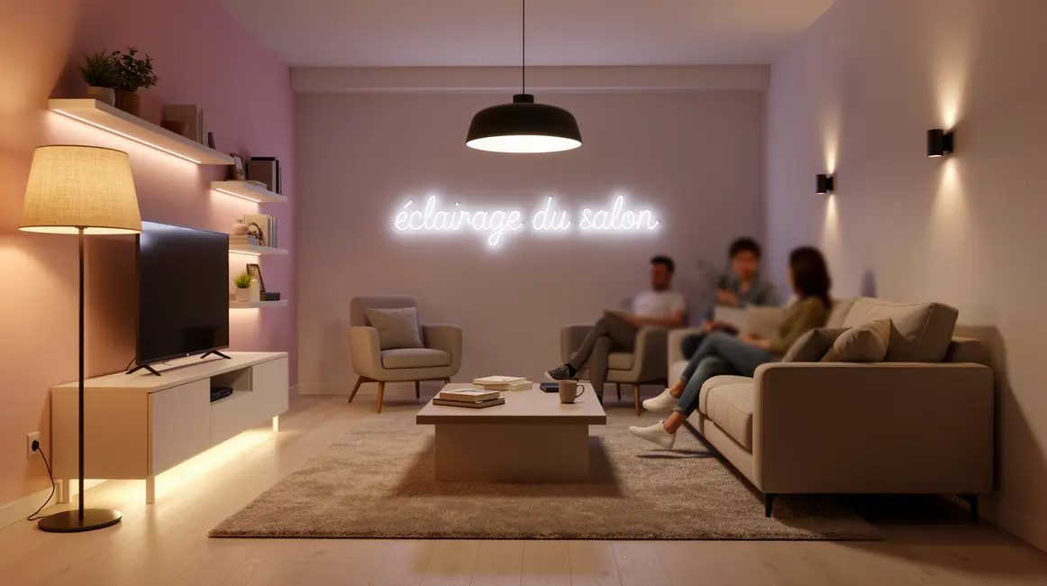 salon moderne avec suspension, lampadaire, led et appliques