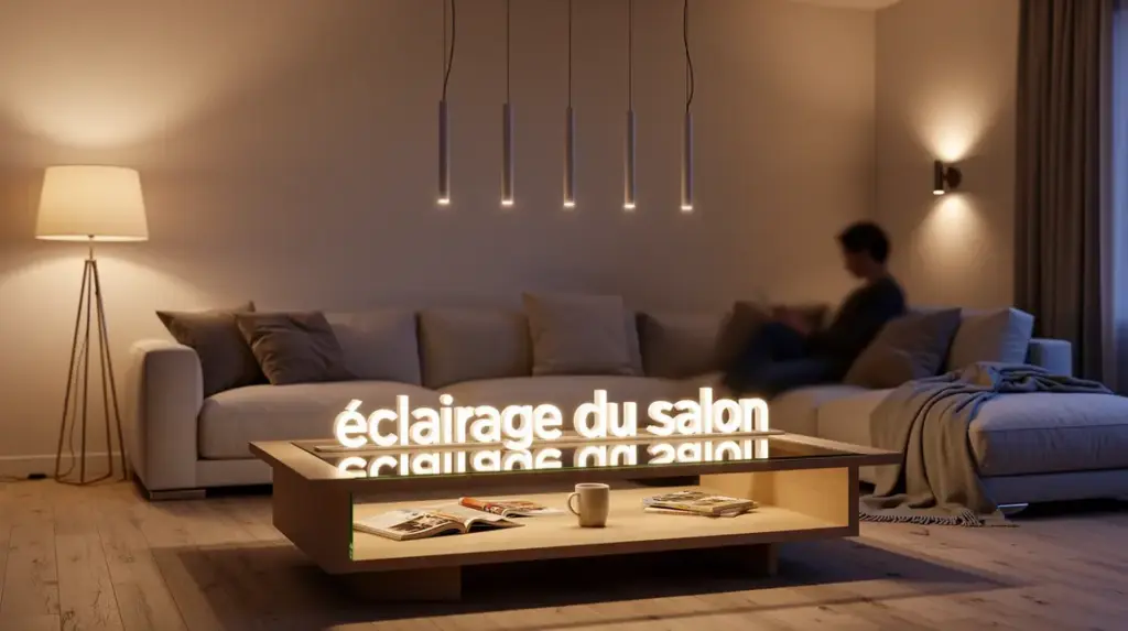 Salon moderne éclairage doux lampadaires suspensions appliques