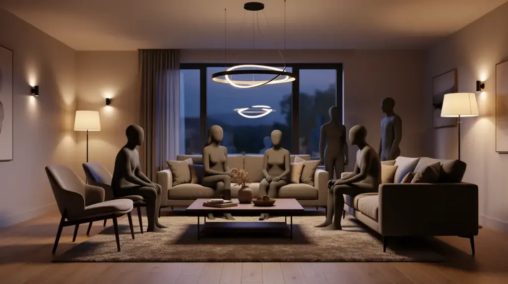salon moderne avec suspensions lampadaires appliques chaleureux