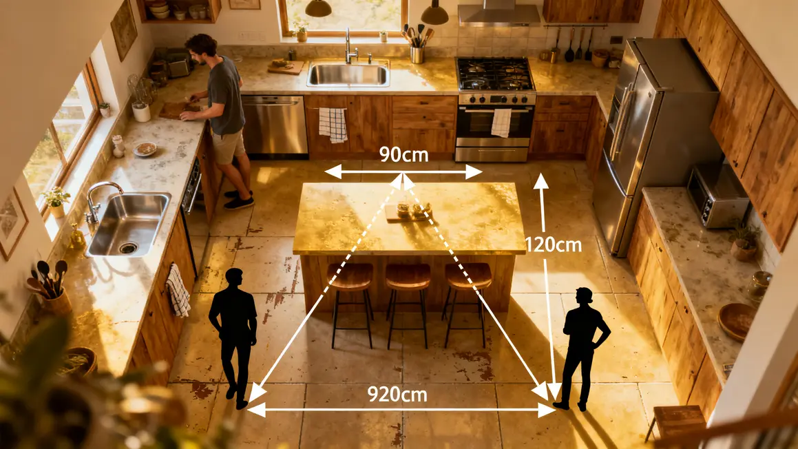 Plan cuisine ouverte moderne avec îlot central, passages, triangle d'activité