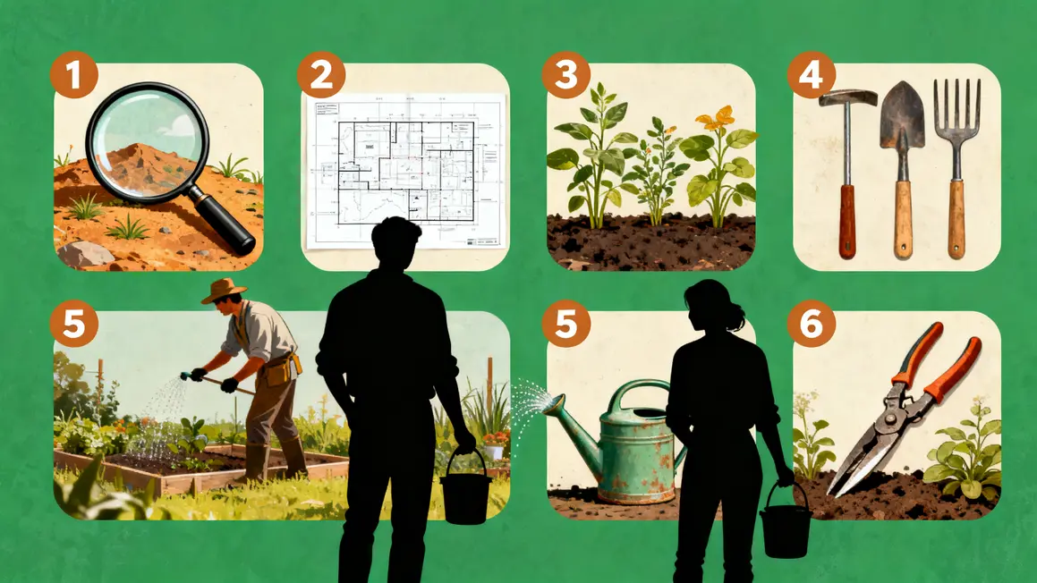 jardin paysager : avantages, limites et alternatives 4 infographie etapes jardin paysager six icones