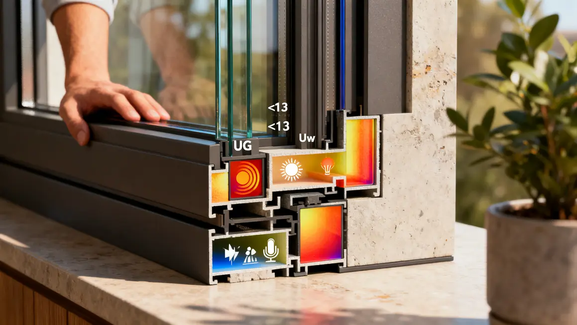 fenêtres performantes : bonnes pratiques pour un résultat durable en petit budget 3 Coupe de fenetre performante, Uw 1,3, Ug faible, Sw, isolation