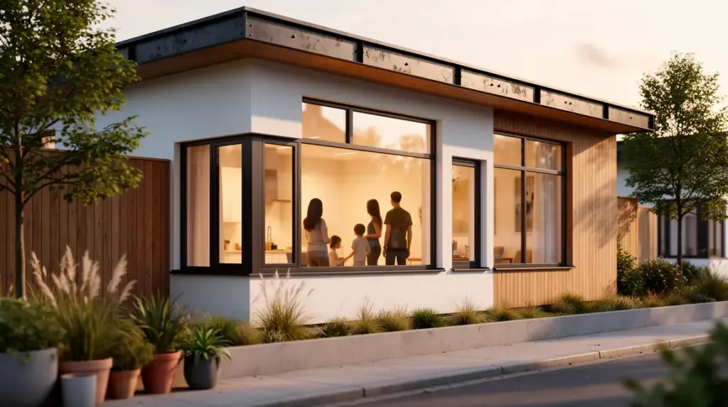 Fenetres performantes sur maison contemporaine, confort thermique, silhouettes familiales