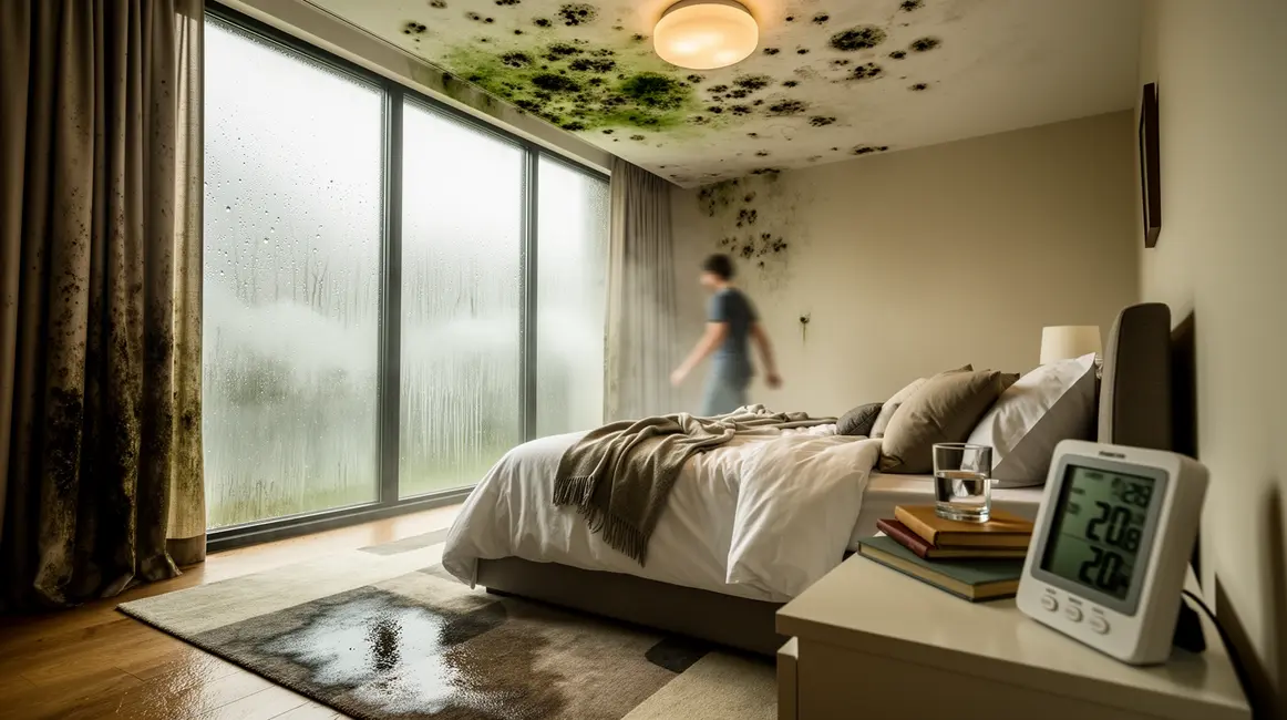 humidite dans une chambre avec buée sur vitres et moisissure