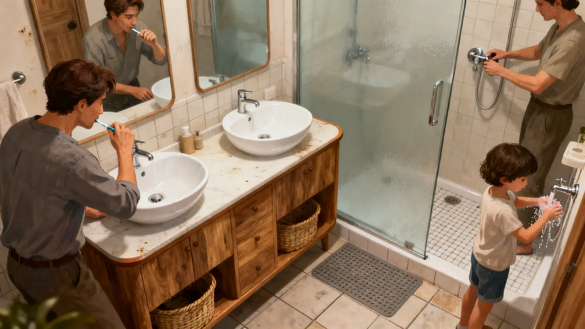 salle de bains familiale : bonnes pratiques pour un résultat durable en petit budget 3 illustration salle de bains familiale double vasque et coin douche