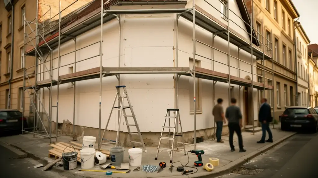 Maison en rénovation avec échafaudage et panneaux isolants