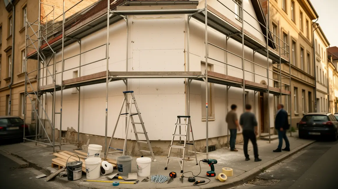 Comment réussir isolation extérieure étape par étape en petit budget 2 Maison en rénovation avec échafaudage et panneaux isolants