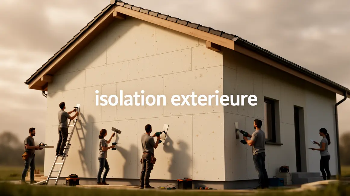 Maison avec isolant posé sur murs, silhouettes en travaux