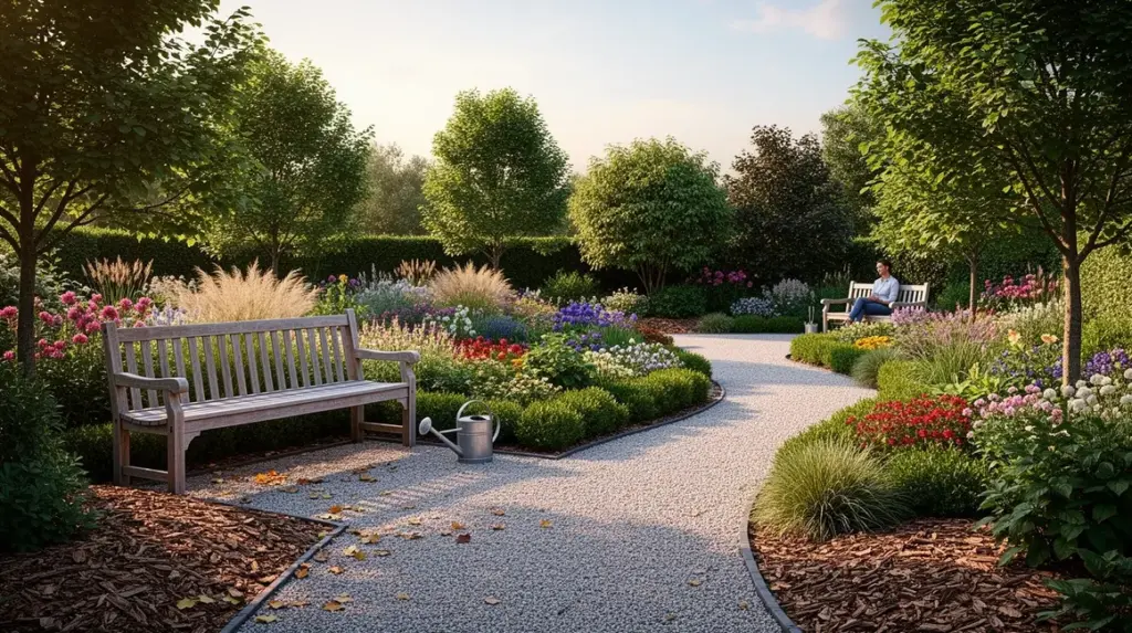 Jardin paysager allee gravier et coin detente