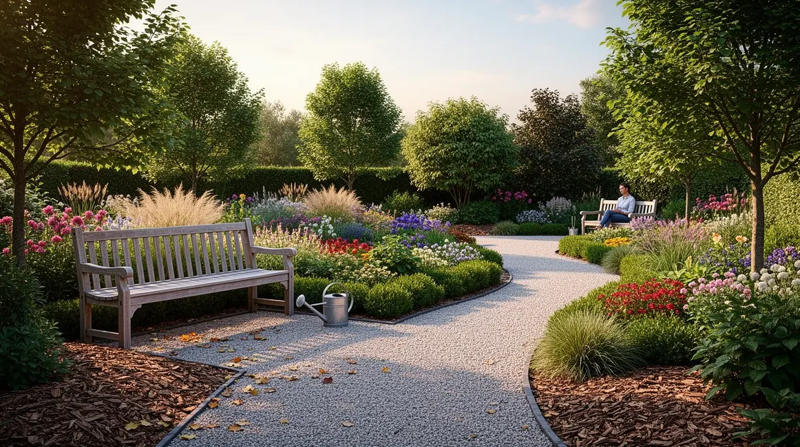 Jardin paysager allee gravier et coin detente