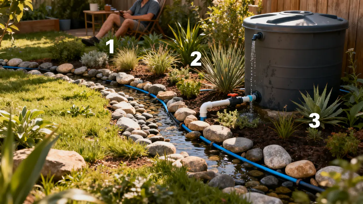 Jardin paysager gestion eau durable paillage rigole goutte-a-goutte