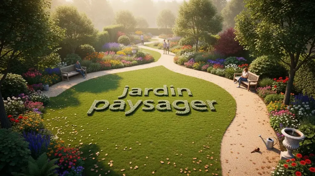 Vue aérienne d’un jardin paysager durable, zones fleuries, chemin gravier, arbres