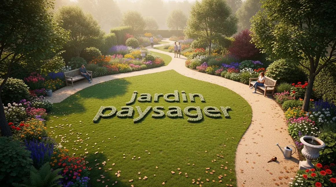 Vue aérienne d’un jardin paysager durable, zones fleuries, chemin gravier, arbres