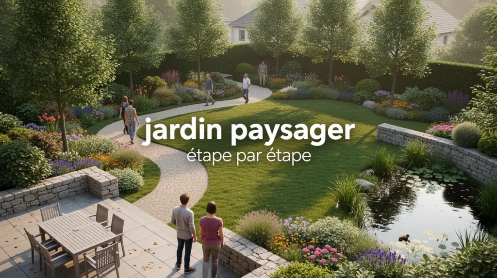 Vue globale jardin paysager étape par étape photorealiste