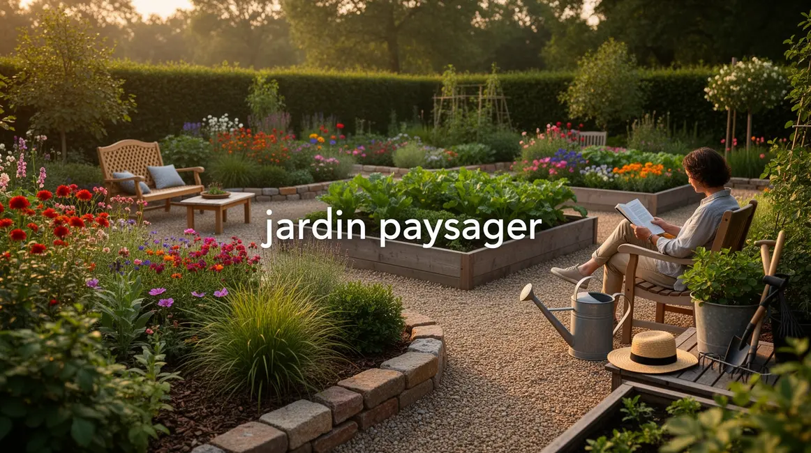 vue photorealiste jardin paysager massifs potager gravier