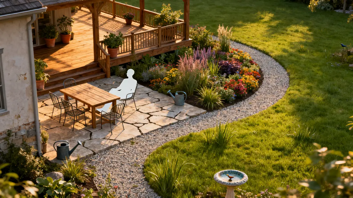 Jardin paysager harmonieux zones repas terrasse massif pelouse